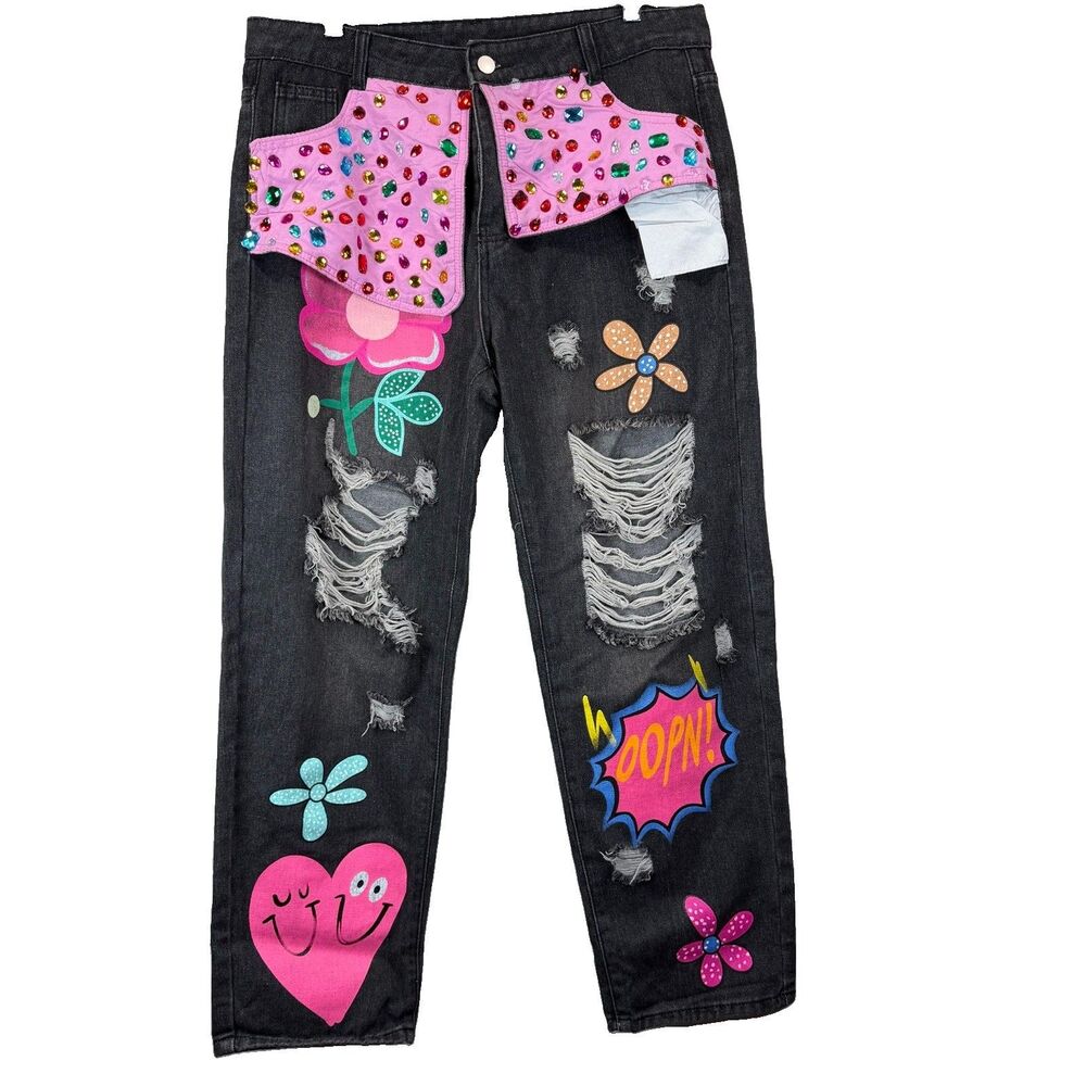 Unbranded Womens Size L Black High Waisted Distressed Embellished Denim Jeans